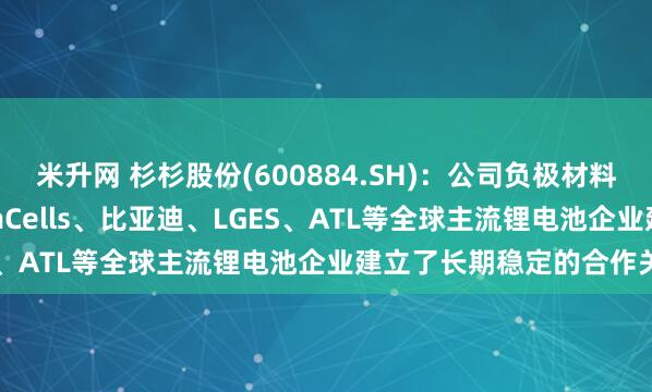 米升网 杉杉股份(600884.SH)：公司负极材料业务与CATL、UltiumCells、比亚迪、LGES、ATL等全球主流锂电池企业建立了长期稳定的合作关系